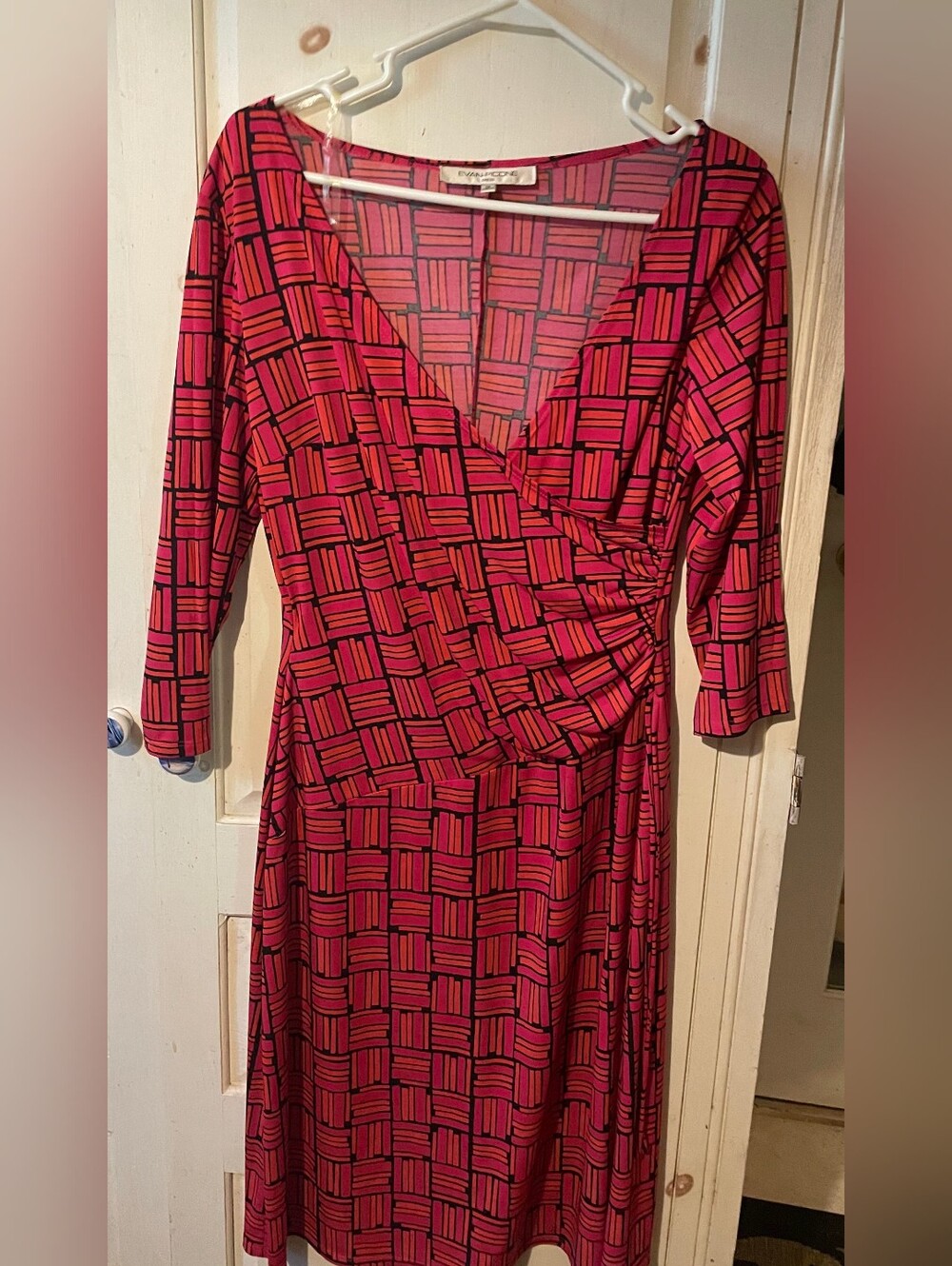 Evan Picone Red & Black Geometric Wrap-Style Midi Dress